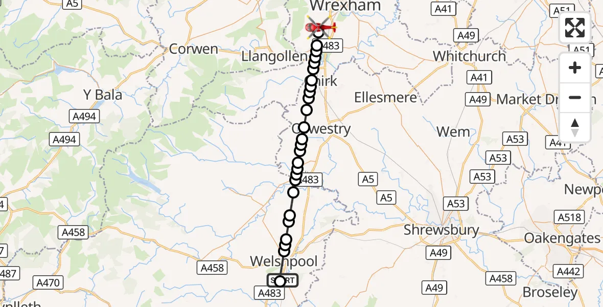 Flight route Air Ambulance Helicopter Welshpool Airport - Rhosllanerchrugog, 17 September 2026, 16:11