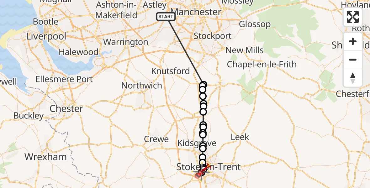 Flight route Air Ambulance Helicopter Manchester Barton Aerodrome - Newcastle-under-Lyme, 17 September 2026, 16:13