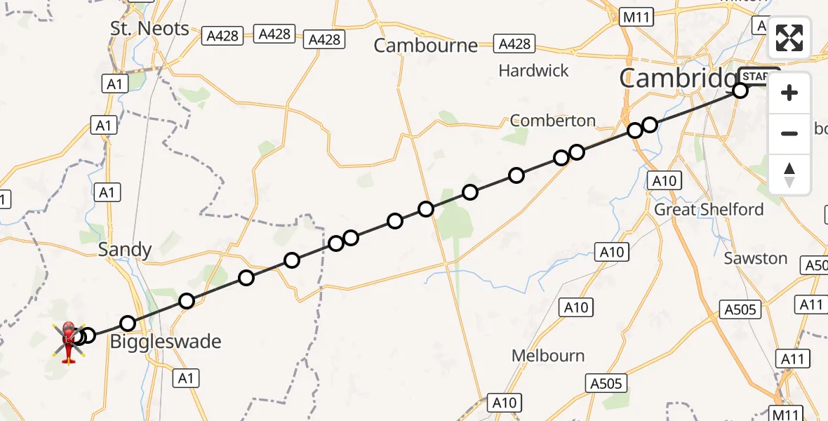 Flight route Air Ambulance Helicopter Cambridge City Airport - Old Warden, 17 September 2026, 16:33
