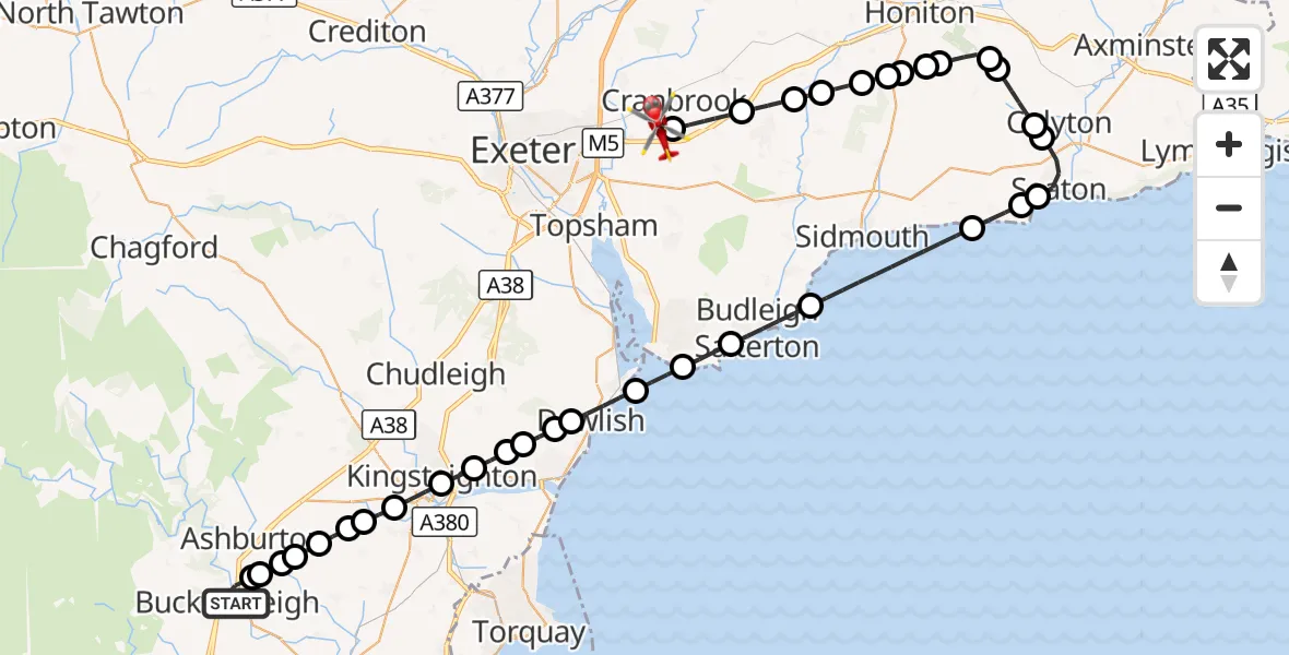 Flight route Air Ambulance Helicopter Buckfastleigh - Exeter International Airport, 17 September 2026, 16:34