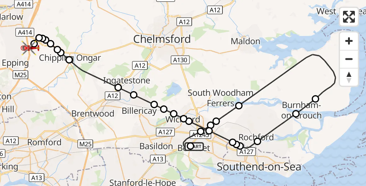 Flight route Air Ambulance Helicopter Benfleet - North Weald Airfield, 17 September 2026, 16:39