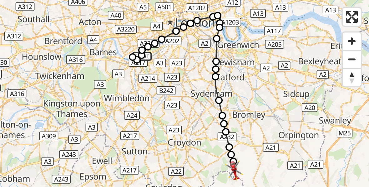 Flight route Air Ambulance Helicopter London Heliport - Croydon, 17 September 2026, 16:42