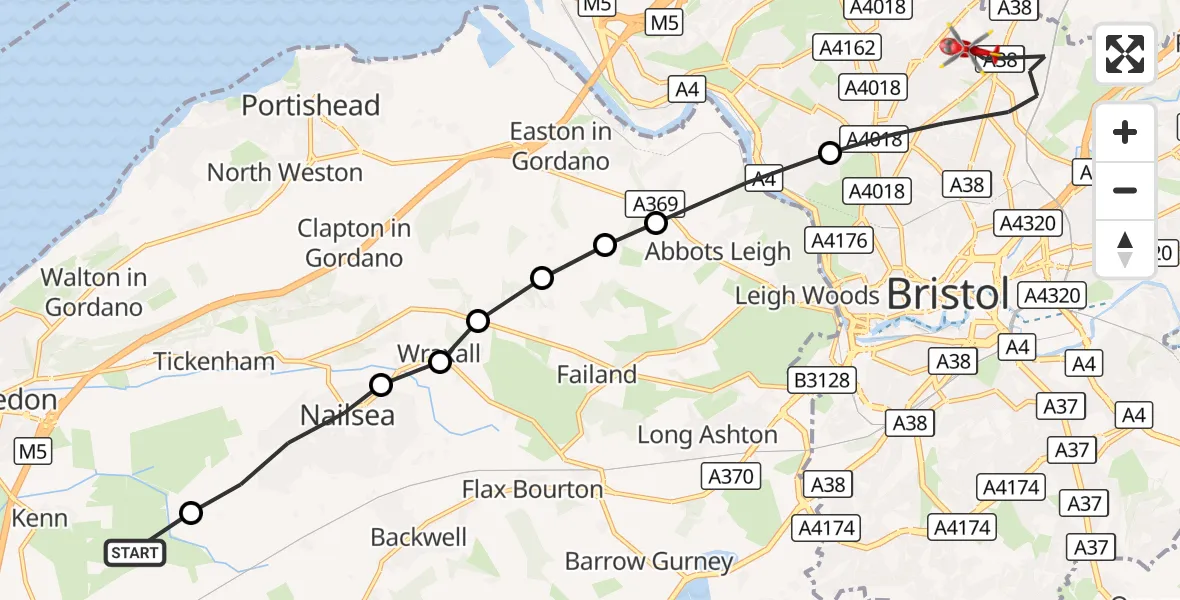 Flight route Air Ambulance Helicopter Yatton - Bristol, 17 September 2026, 16:44