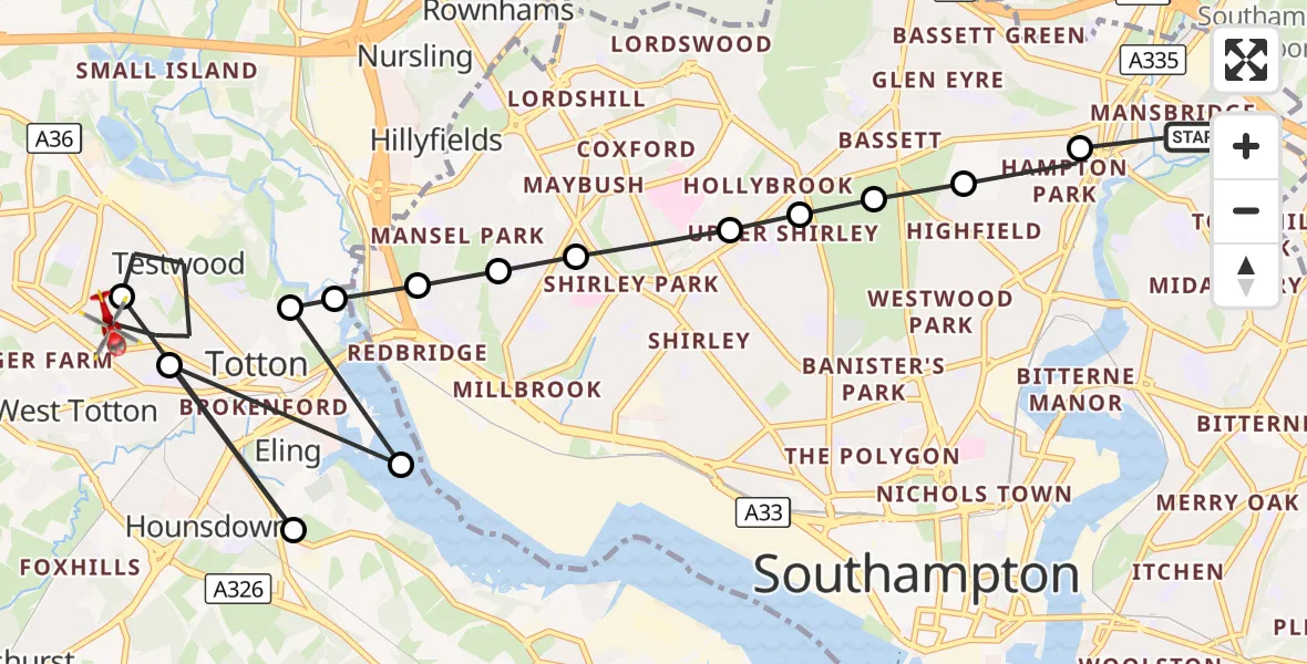 Flight route Air Ambulance Helicopter Mansbridge - Totton, 17 September 2026, 17:09