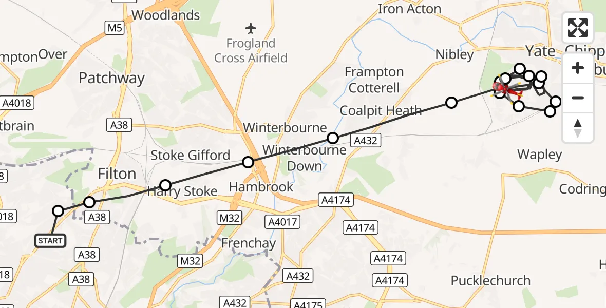 Flight route Air Ambulance Helicopter Southmead Hospital - Yate, 17 September 2026, 17:10