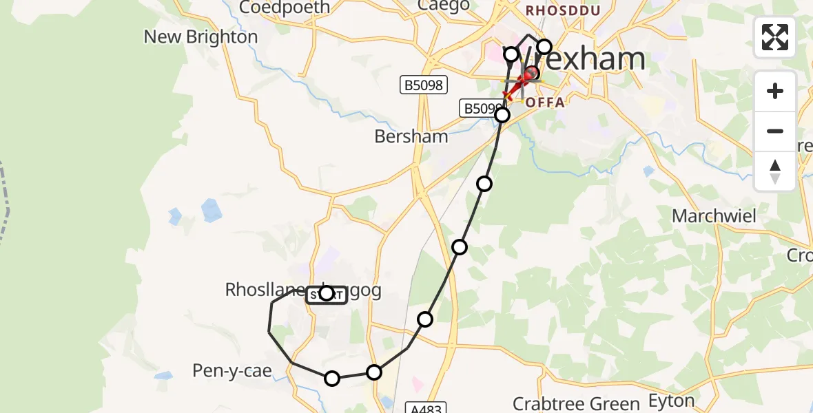 Flight route Air Ambulance Helicopter Ponciau - Felin Puleston, 17 September 2026, 17:19