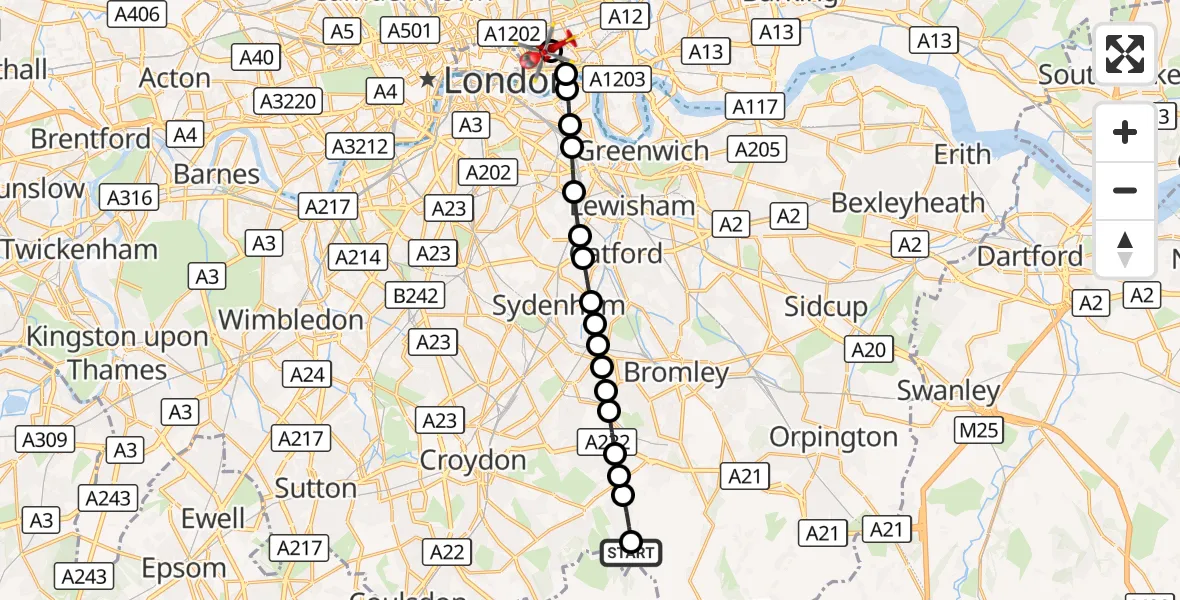 Flight route Air Ambulance Helicopter Croydon - Royal London Hospital, 17 September 2026, 17:22