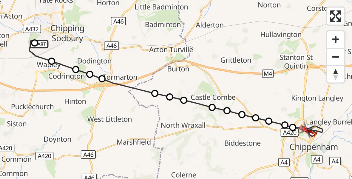 Flight route Air Ambulance Helicopter Yate - Chippenham, 17 September 2026, 17:29