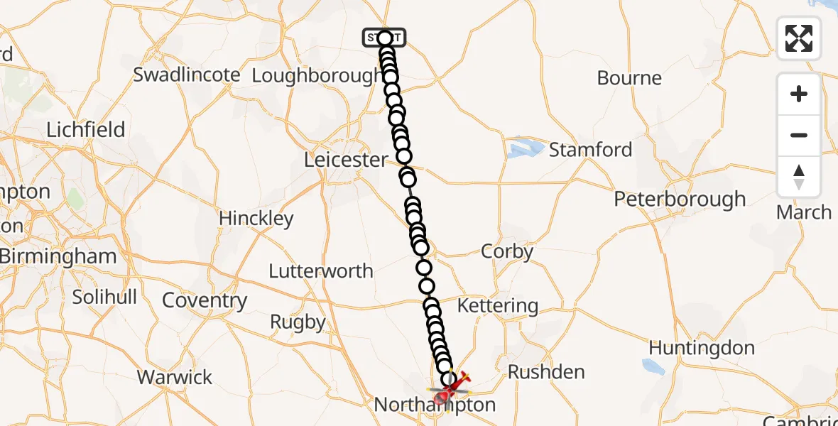 Flight route Air Ambulance Helicopter Nottingham Heliport - Northampton, 17 September 2026, 17:31