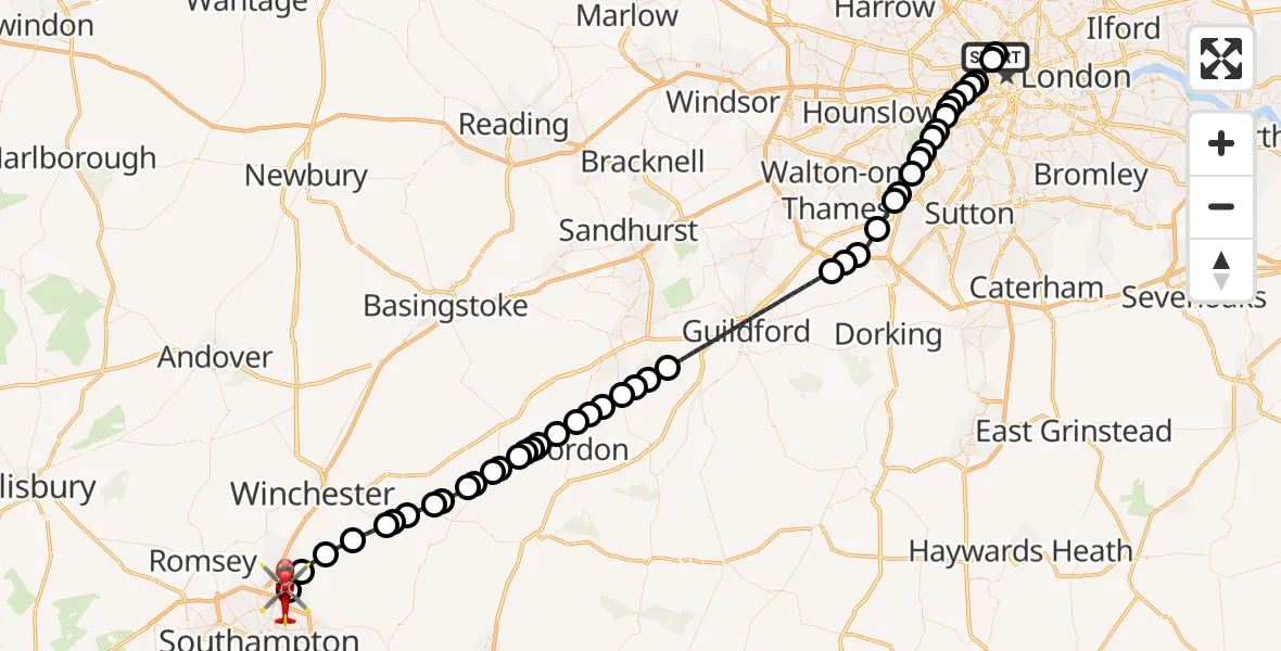 Flight route Air Ambulance Helicopter Fitzrovia - Southampton Airport, 17 September 2026, 17:32