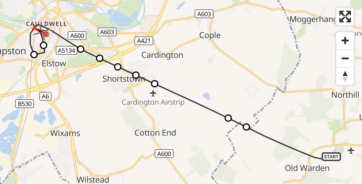 Flight route Air Ambulance Helicopter Old Warden - Bedford, 17 September 2026, 17:34