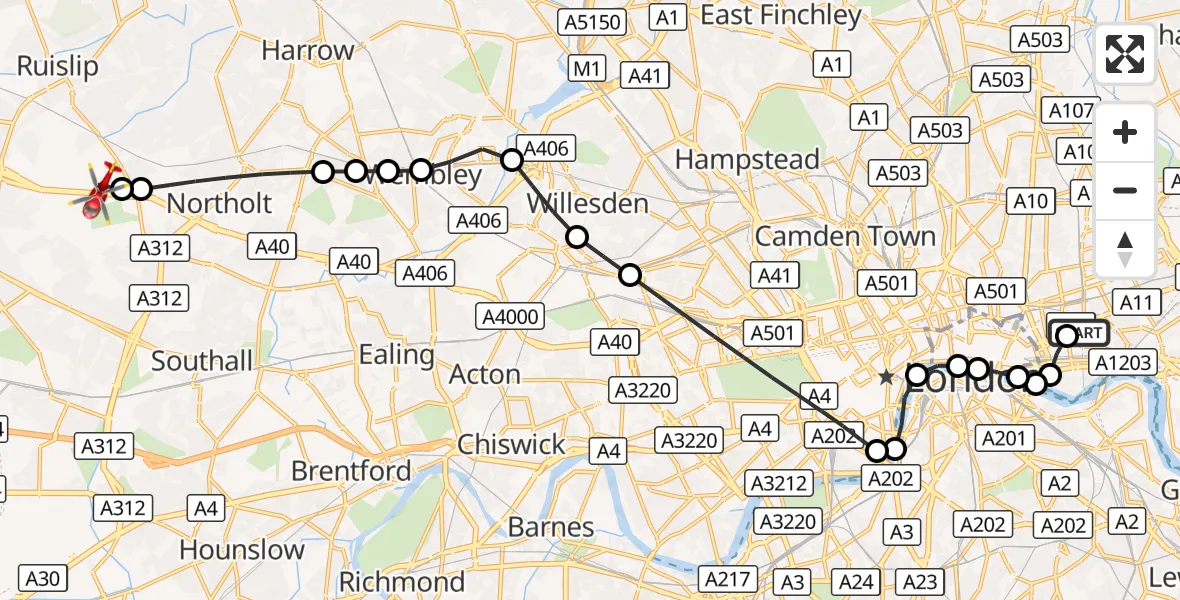 Flight route Air Ambulance Helicopter Royal London Hospital - RAF Northolt, 17 September 2026, 17:39