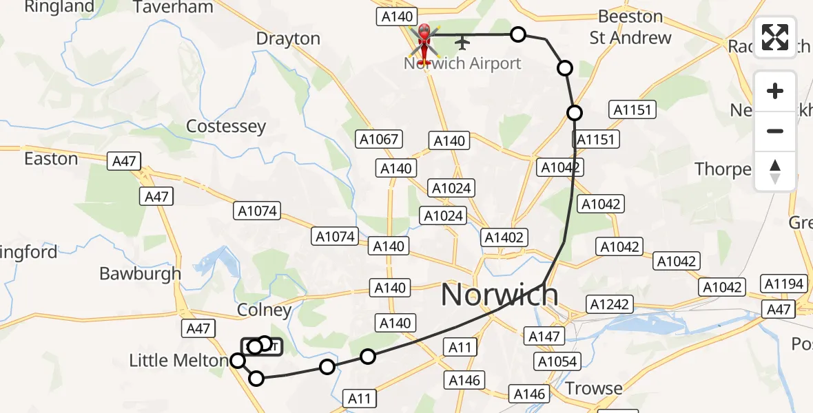 Flight route Air Ambulance Helicopter Norfolk & Norwich Hospital - Norwich Airport, 17 September 2026, 17:43