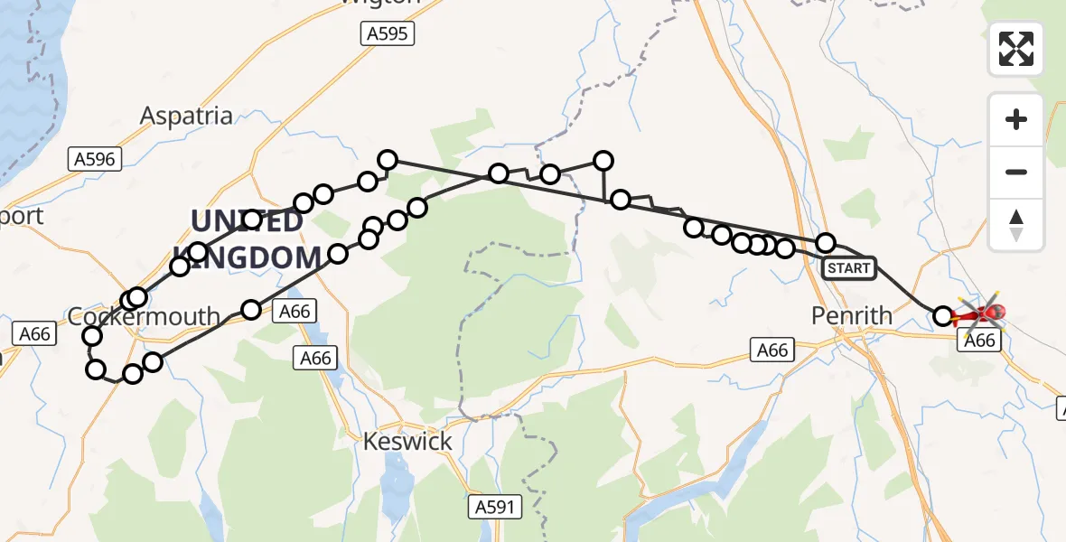 Flight route Air Ambulance Helicopter Penrith - Brougham, 17 September 2026, 17:54