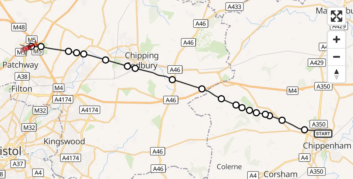Flight route Air Ambulance Helicopter Chippenham - Almondsbury Helicopter Base, 17 September 2026, 18:11
