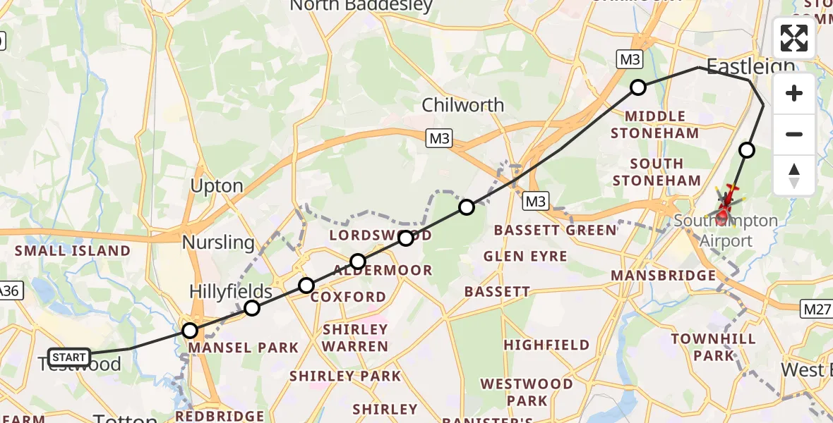 Flight route Air Ambulance Helicopter Totton - Southampton Airport, 17 September 2026, 18:13