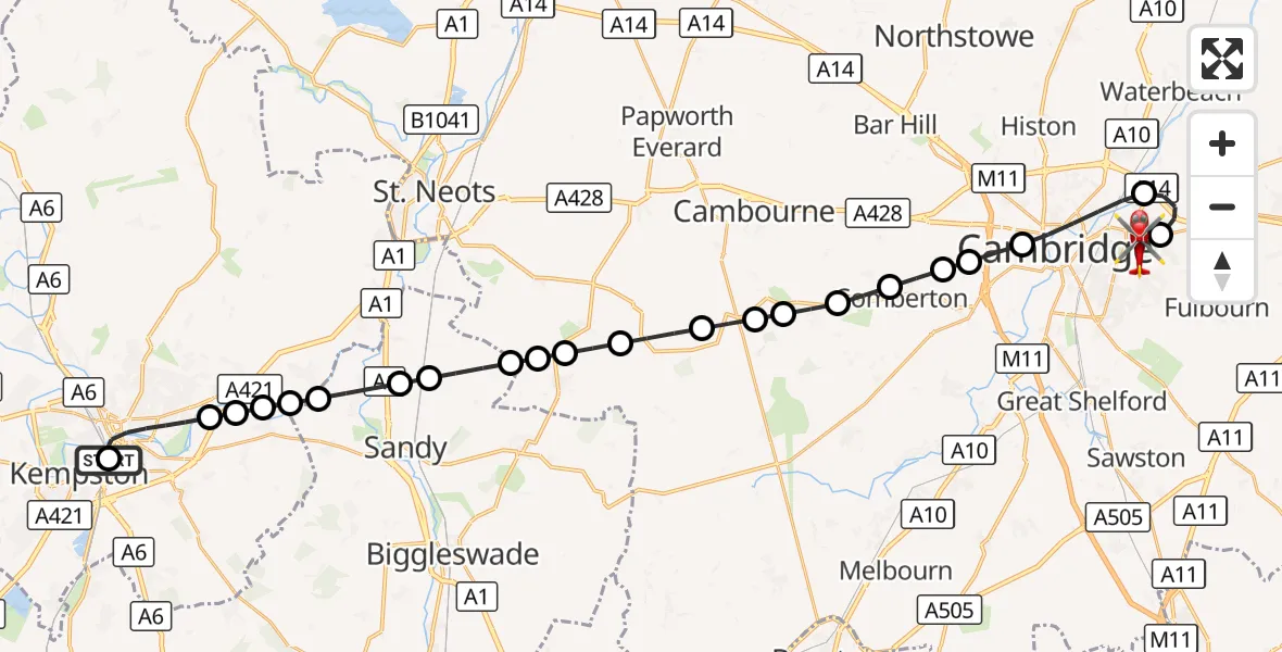 Flight route Air Ambulance Helicopter Bedford South Wing Hospital - Cambridge City Airport, 17 September 2026, 18:16
