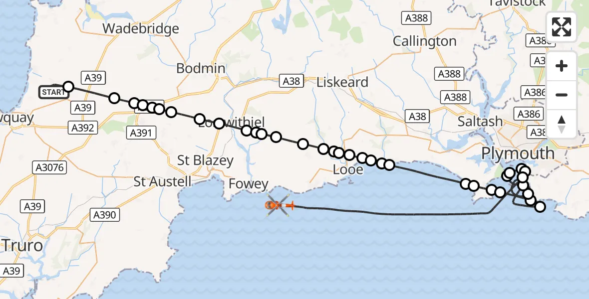 Flight route Coastguard Helicopter Cornwall Airport Newquay - English Channel, 17 September 2026, 18:22