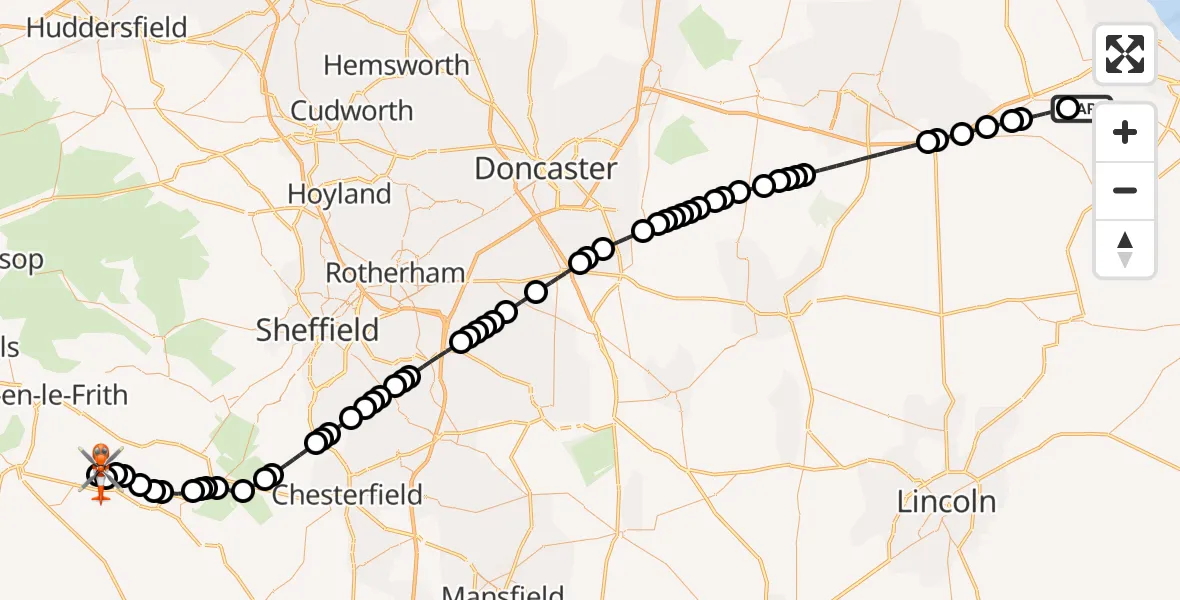 Flight route Coastguard Helicopter Humberside Airport - Taddington CP, 17 September 2026, 18:22