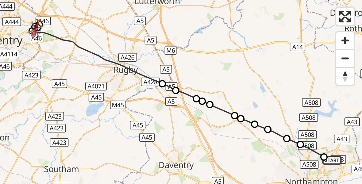Flight route Air Ambulance Helicopter Northampton - Rugby, 17 September 2026, 18:27