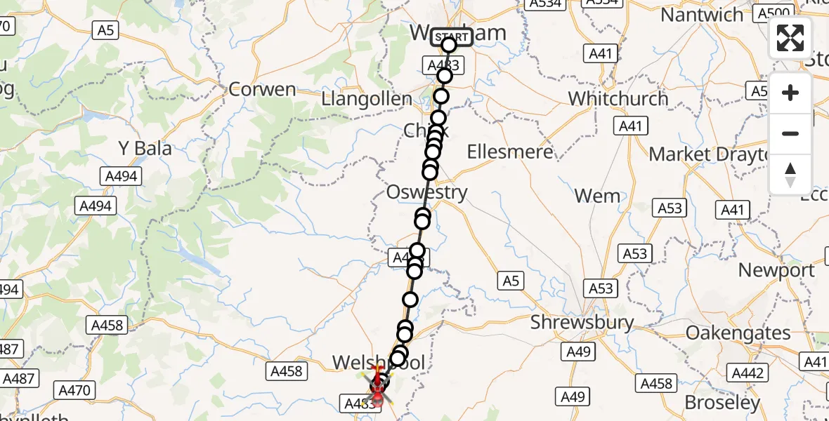 Flight route Air Ambulance Helicopter Felin Puleston - Welshpool Airport, 17 September 2026, 18:34