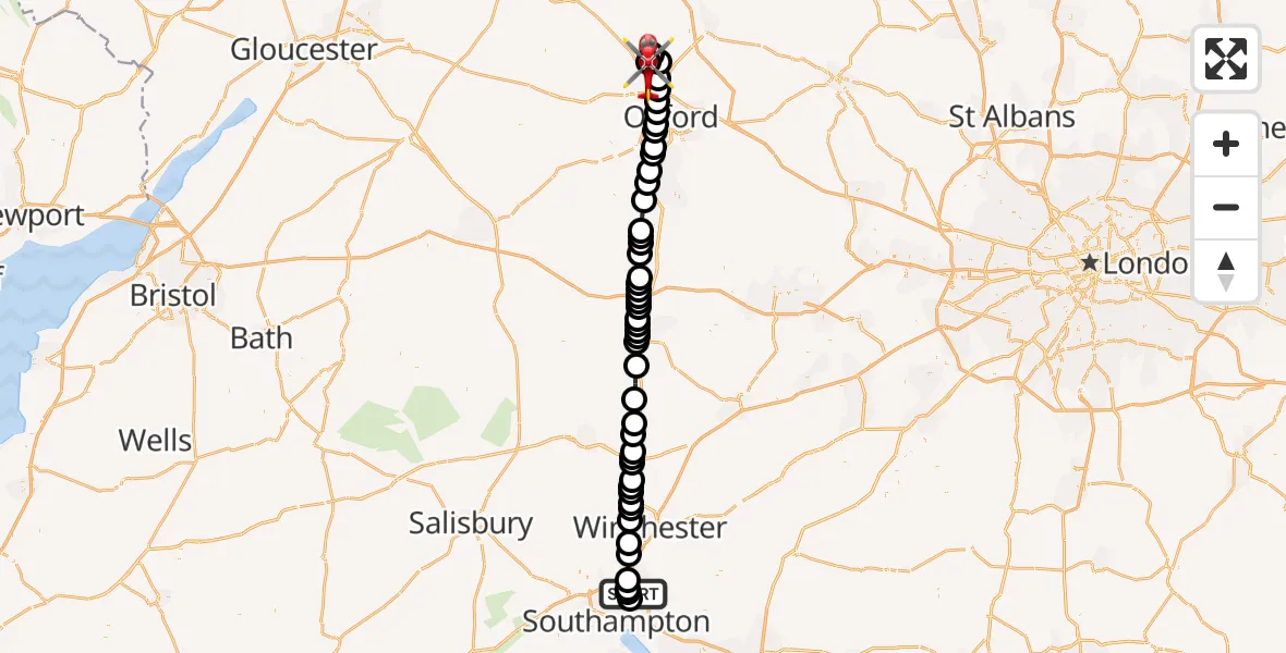 Flight route Air Ambulance Helicopter Southampton Airport - London Oxford Airport, 17 September 2026, 18:43