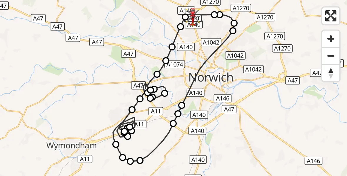 Flight route Air Ambulance Helicopter Norwich Airport - Norwich Airport, 17 September 2026, 18:49