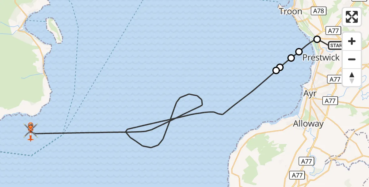 Flight route Coastguard Helicopter Glasgow Prestwick Airport - Inner Seas, 17 September 2026, 18:51