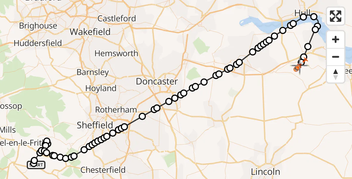 Flight route Coastguard Helicopter Taddington CP - Humberside Airport, 17 September 2026, 19:05