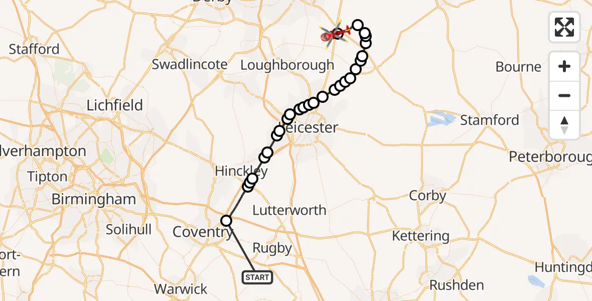 Flight route Air Ambulance Helicopter Rugby - Nottingham Heliport, 17 September 2026, 19:07