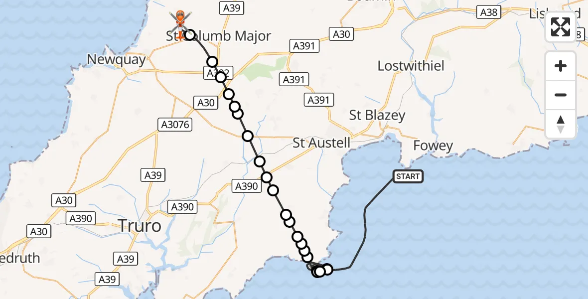 Flight route Coastguard Helicopter English Channel - Cornwall Airport Newquay, 17 September 2026, 19:34
