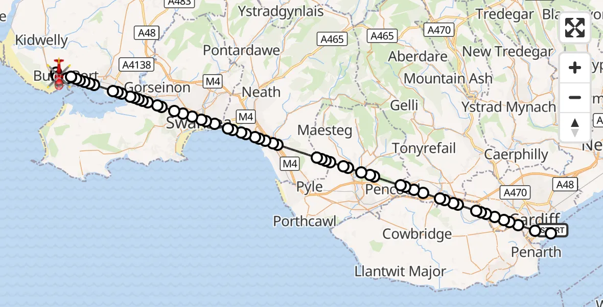 Flight route Air Ambulance Helicopter Cardiff Heliport - Burry Port, 17 September 2026, 20:08