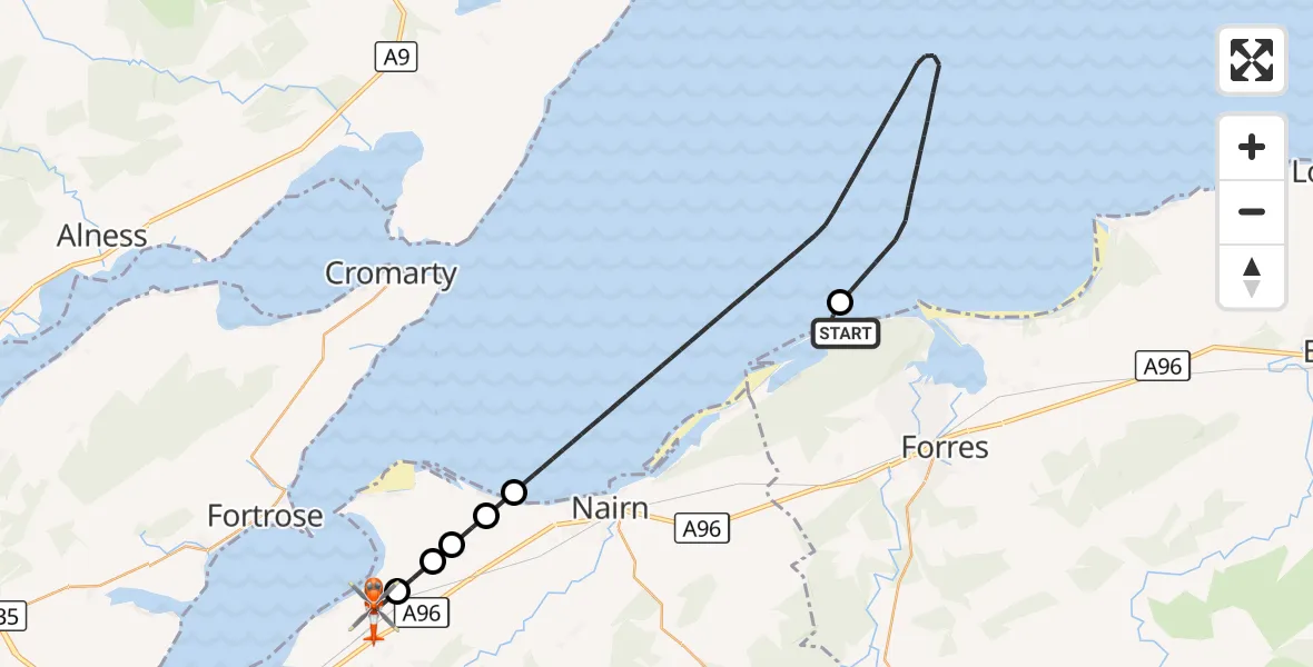Flight route Coastguard Helicopter Buckie Loch - Inverness Airport, 17 September 2026, 20:34