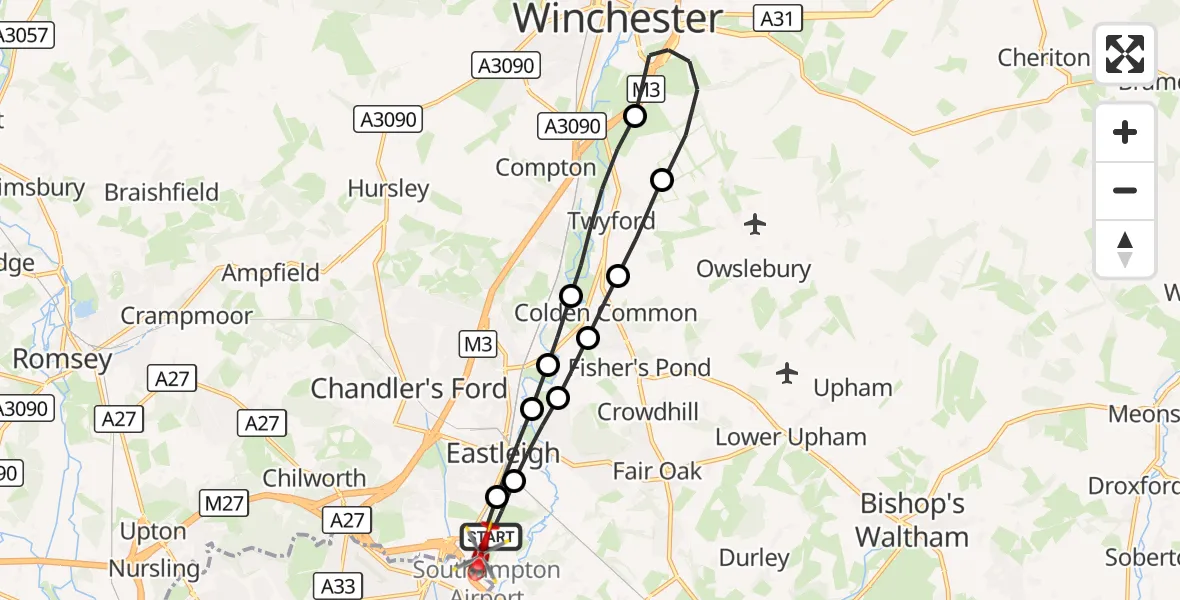 Flight route Air Ambulance Helicopter Southampton Airport - Southampton Airport, 17 September 2026, 20:52