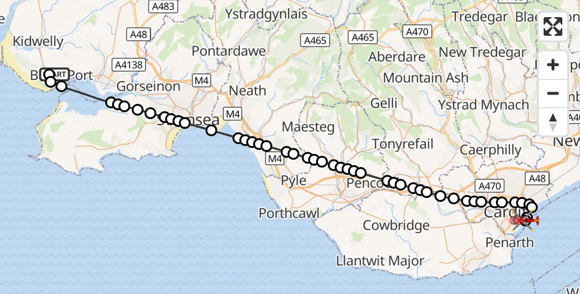 Flight route Air Ambulance Helicopter Burry Port - Cardiff Heliport, 17 September 2026, 21:34