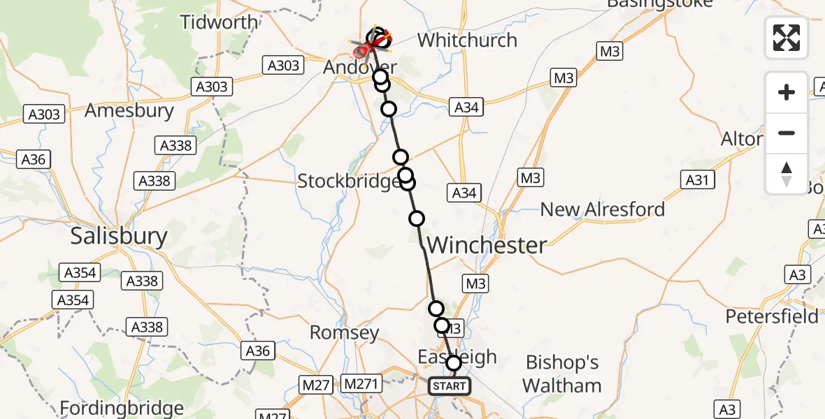 Flight route Air Ambulance Helicopter Southampton Airport - Andover, 17 September 2026, 21:39