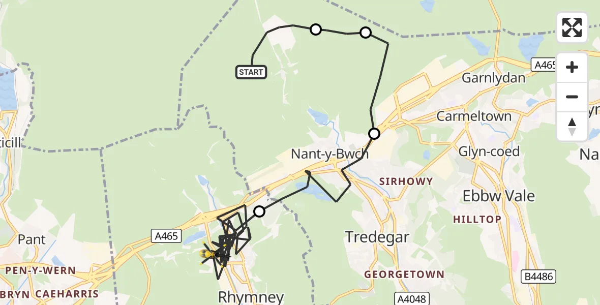 Flight route Police Helicopter Tredegar - Rhymney, 17 September 2026, 21:55