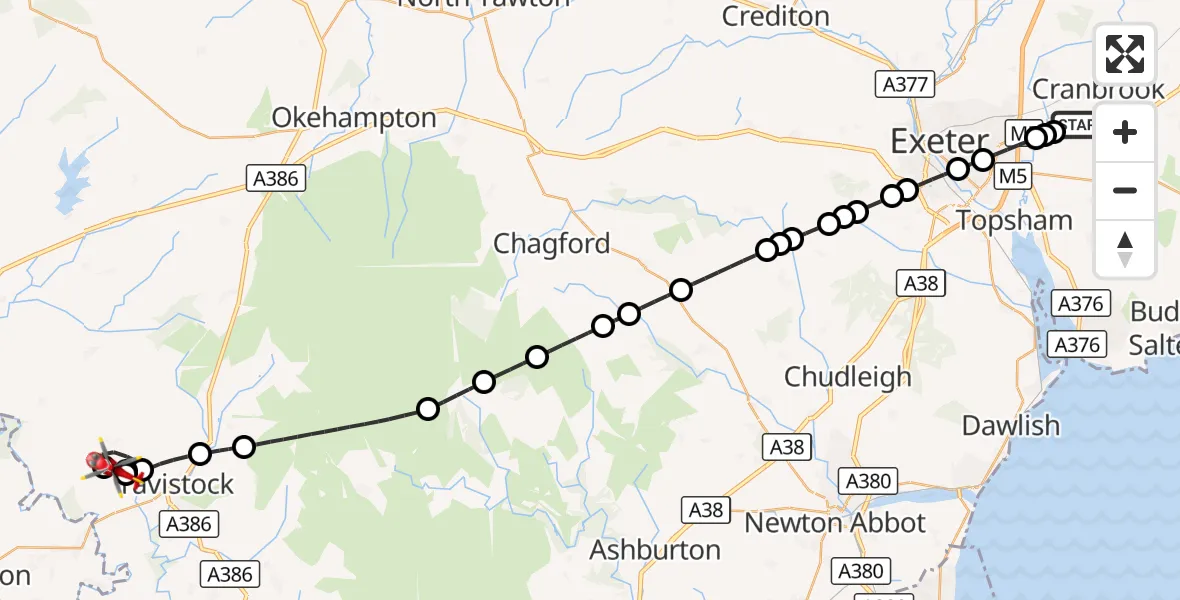 Flight route Air Ambulance Helicopter Exeter International Airport - West Devon, 17 September 2026, 21:59