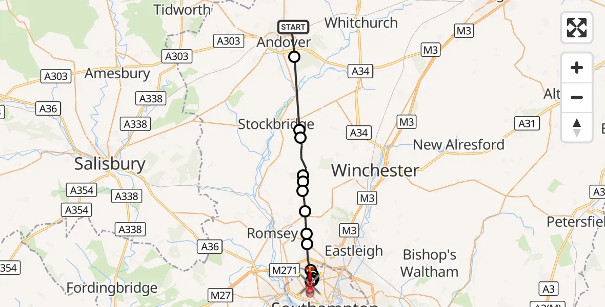 Flight route Air Ambulance Helicopter Andover - University Hospital Southampton, 17 September 2026, 22:37
