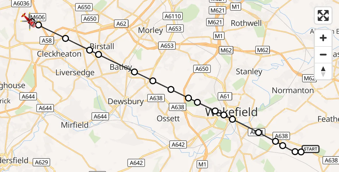 Flight route Air Ambulance Helicopter YAA Nostell Helicopter Port - Oakenshaw, 17 September 2026, 22:46