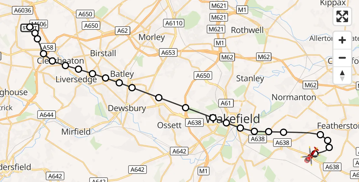 Flight route Air Ambulance Helicopter Oakenshaw - YAA Nostell Helicopter Port, 17 September 2026, 23:16