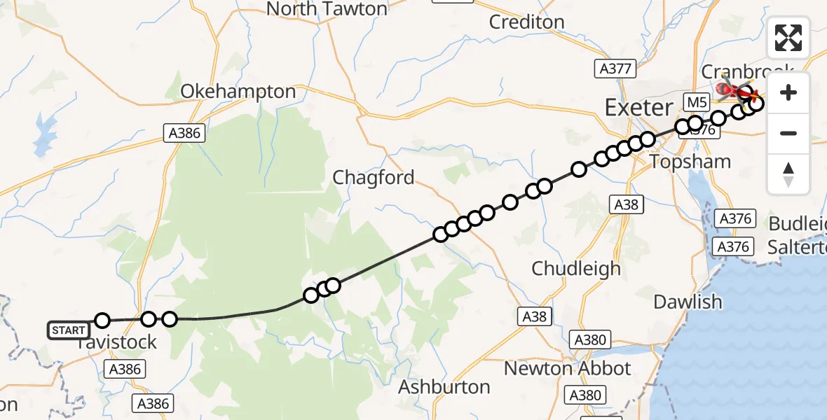 Flight route Air Ambulance Helicopter Lamerton - Exeter International Airport, 17 September 2026, 23:21