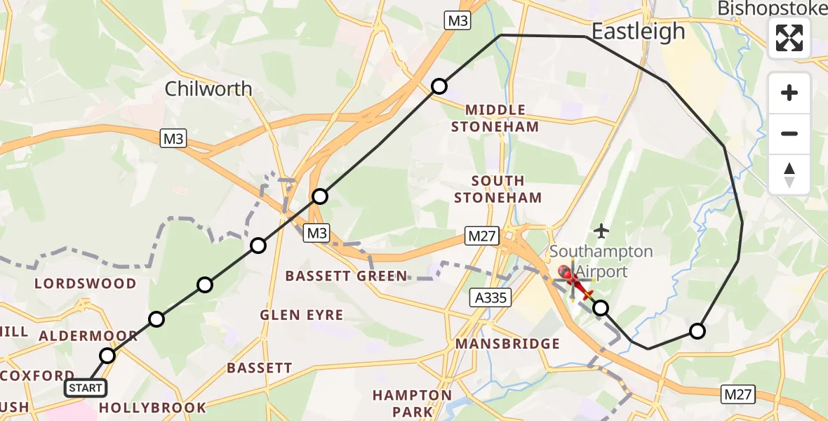 Flight route Air Ambulance Helicopter University Hospital Southampton - Southampton Airport, 17 September 2026, 23:49