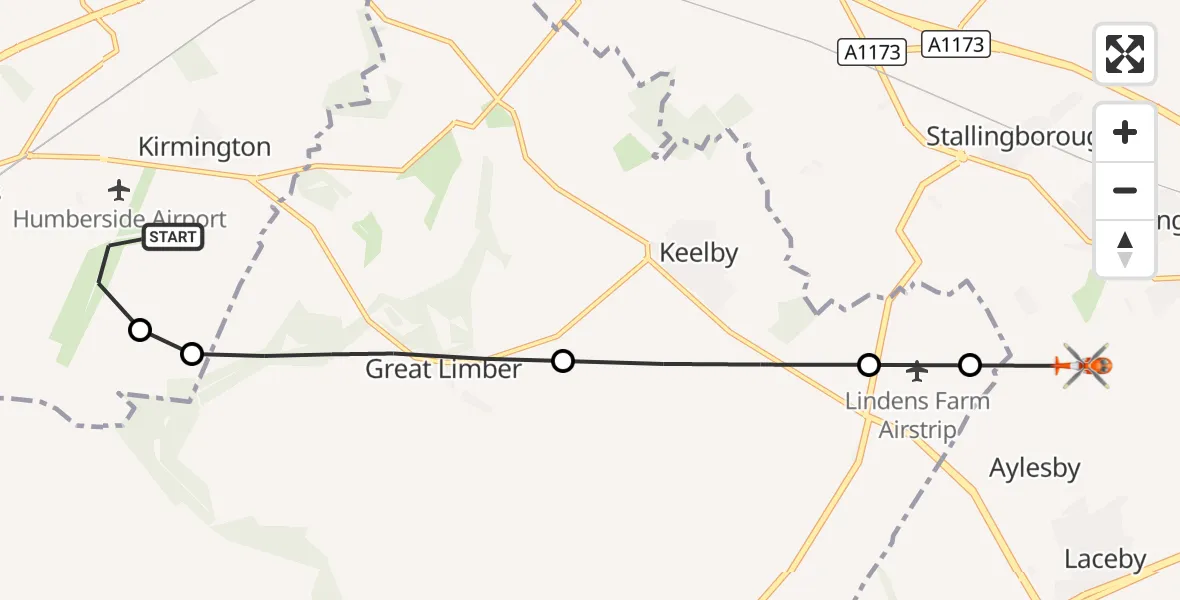 Flight route Coastguard Helicopter Humberside Airport - Grimsby, 18 September 2026, 01:23