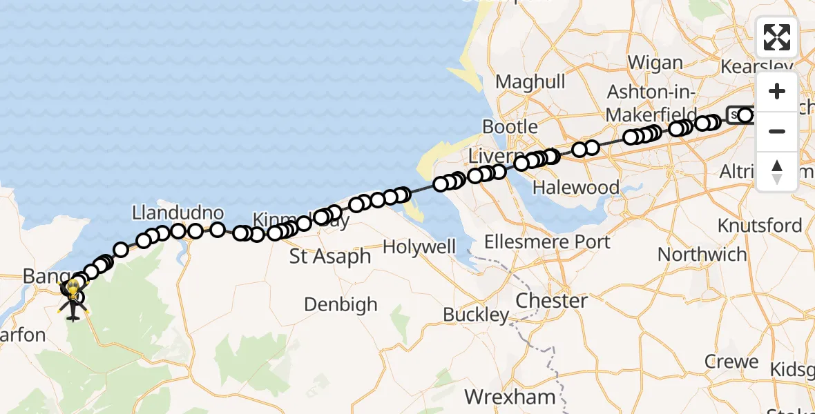Flight route Police Helicopter Manchester Barton Aerodrome - Tregarth, 18 September 2026, 02:12