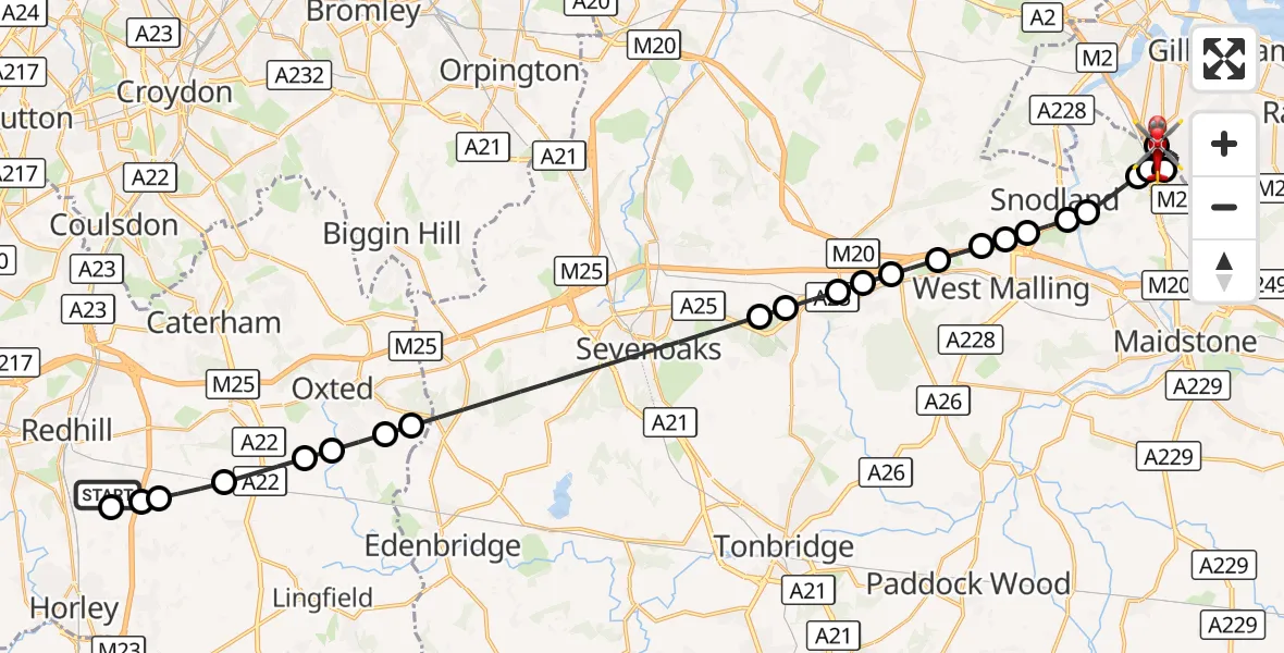 Flight route Air Ambulance Helicopter Redhill Aerodrome - Rochester Airport, 18 September 2026, 02:44