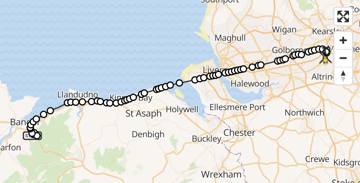 Flight route Police Helicopter Tregarth - Flixton, 18 September 2026, 03:19