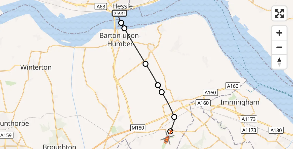 Flight route Coastguard Helicopter Hessle - Humberside Airport, 18 September 2026, 03:46