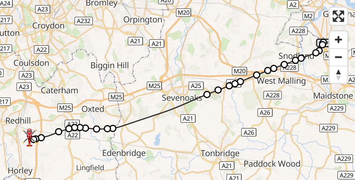 Flight route Air Ambulance Helicopter Rochester Airport - Redhill Aerodrome, 18 September 2026, 04:26