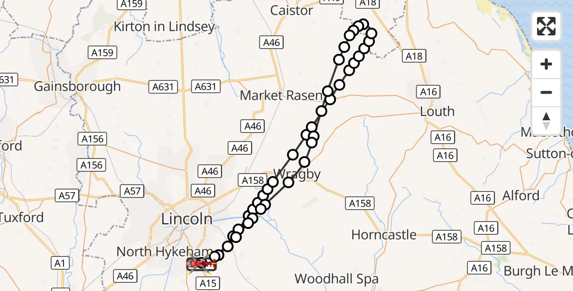 Flight route Air Ambulance Helicopter RAF Waddington - North Kesteven, 18 September 2026, 06:59